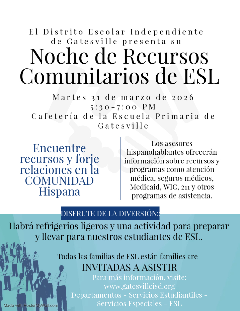 Poster announcing 'Noche de Recursos Comunitarios de ESL' (ESL Community Resources Night) by Gatesville Independent School District.