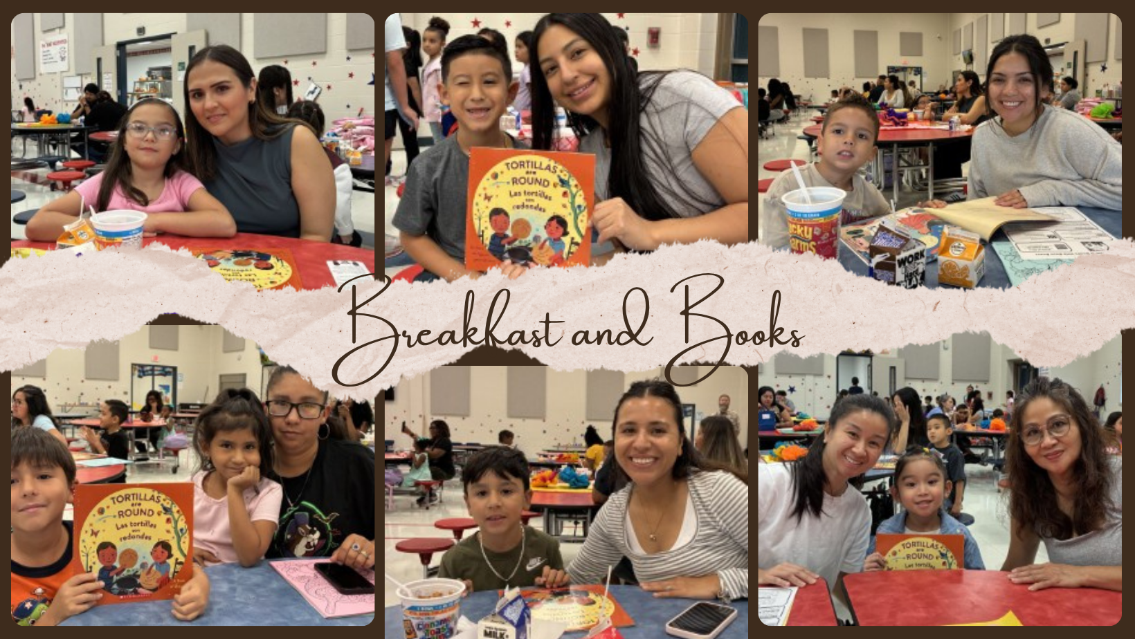 A collage of six photos showing children and adults enjoying a 'Breakfast and Books' event in a school cafeteria.