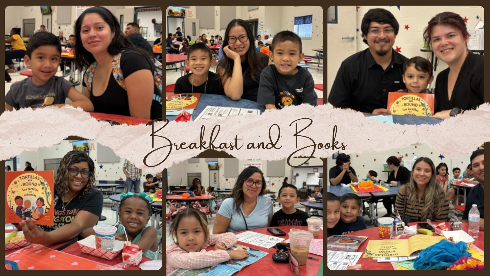 A collage of photos shows families enjoying a Breakfast and Books event at a school.