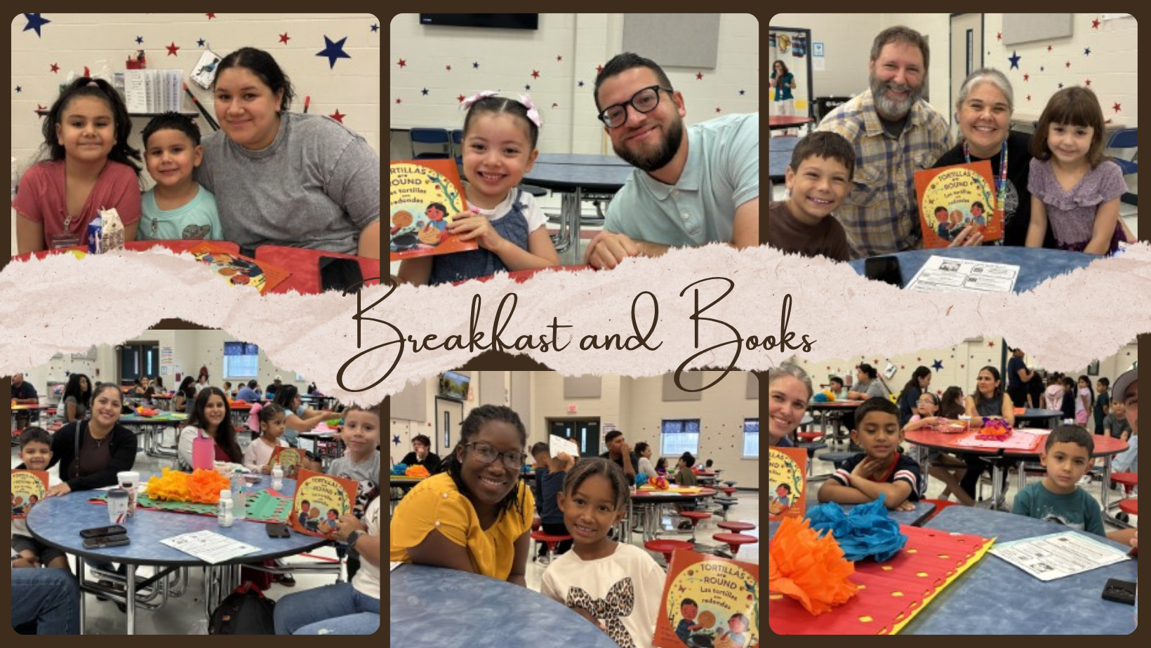 A collage of photos features families reading together at a school event with the text "Breakfast and Books".