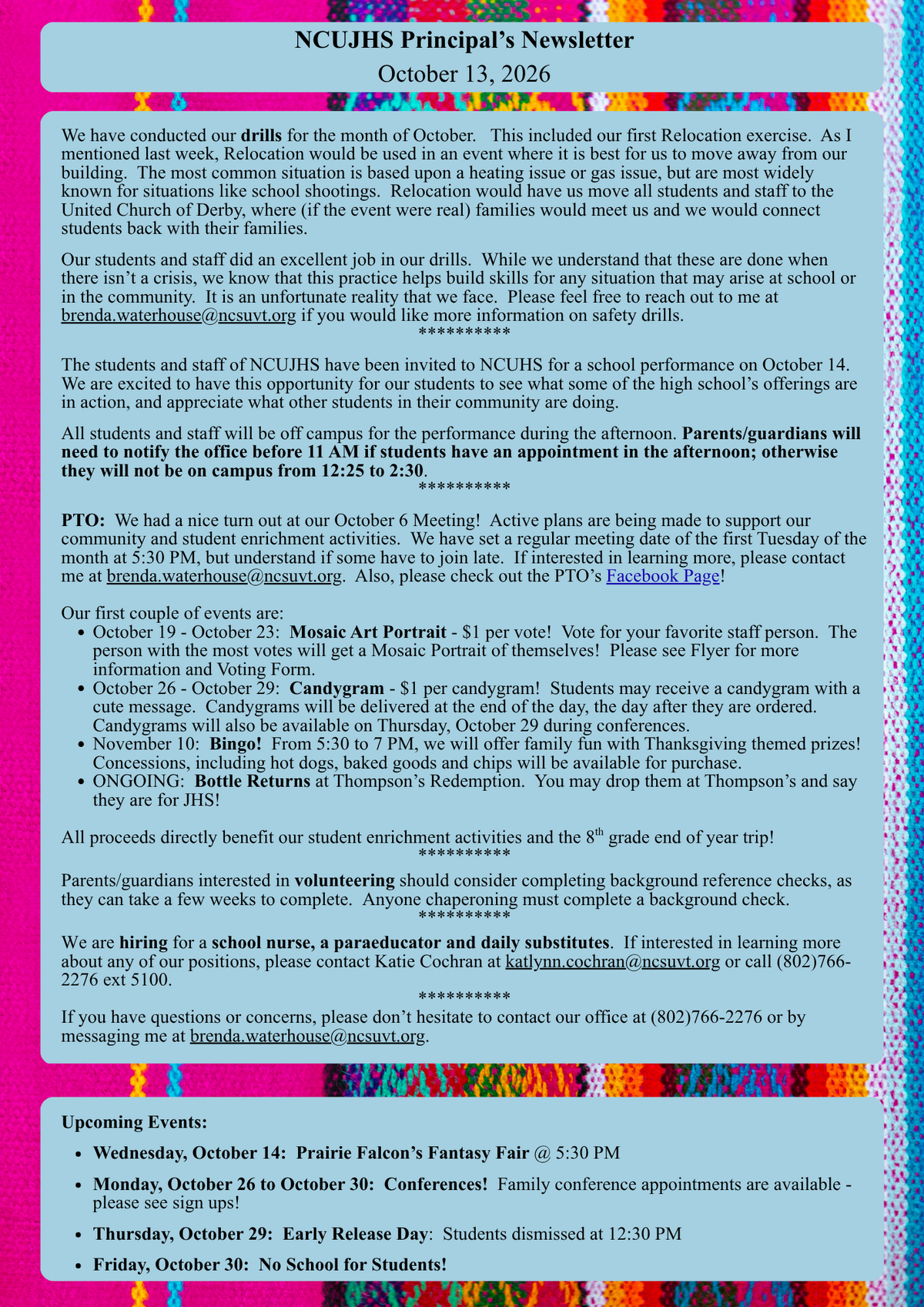 October 12, 2026 Newsletter