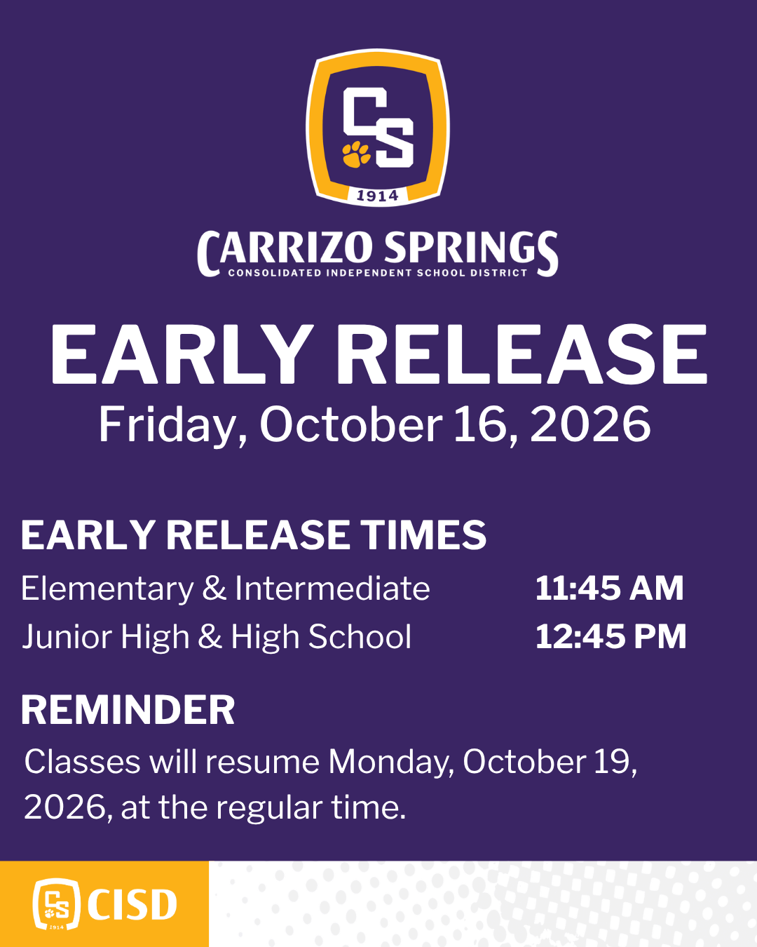 Early Release Reminder | Friday, October 16