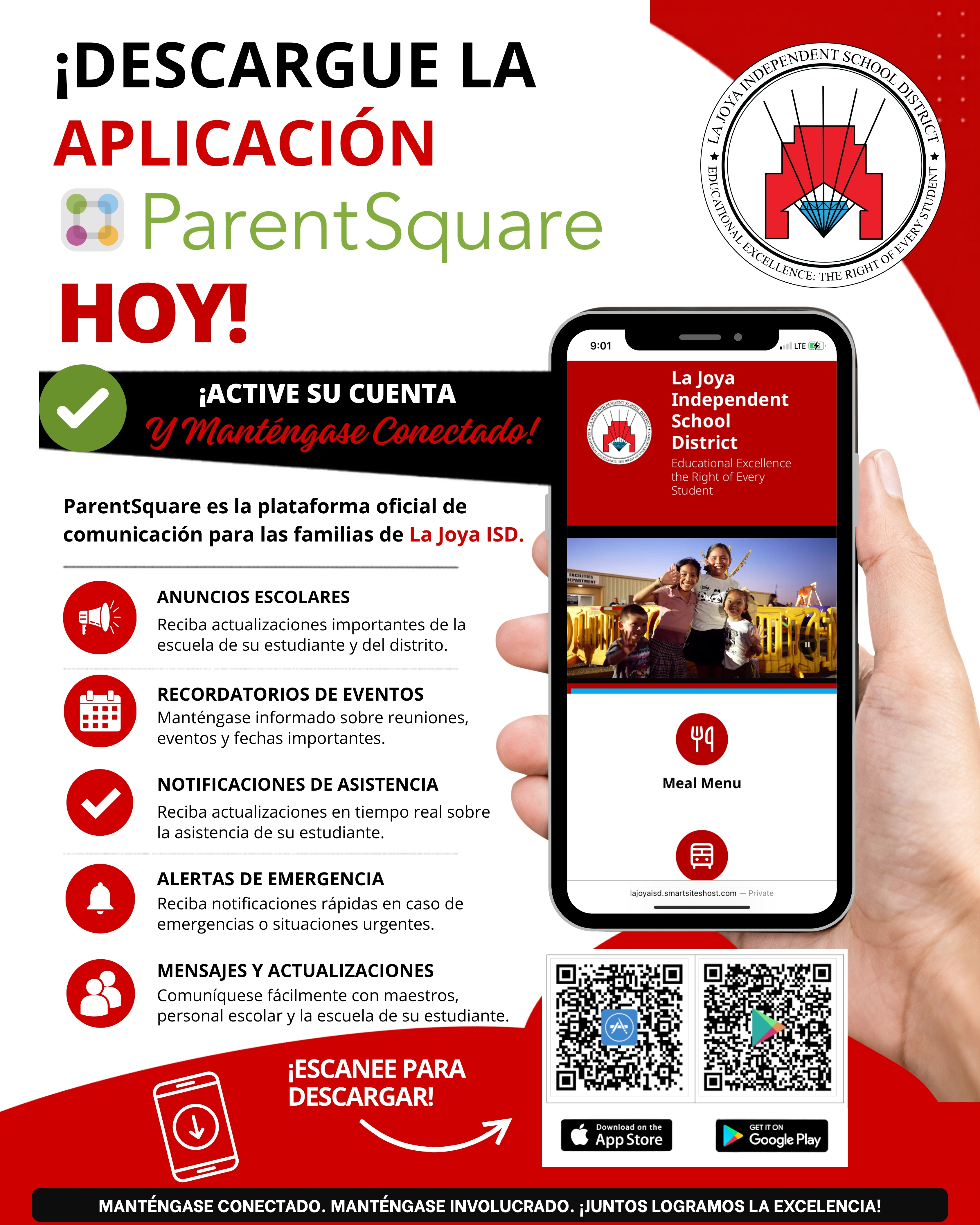 An informational flyer in Spanish encourages parents to download the ParentSquare app for La Joya ISD.