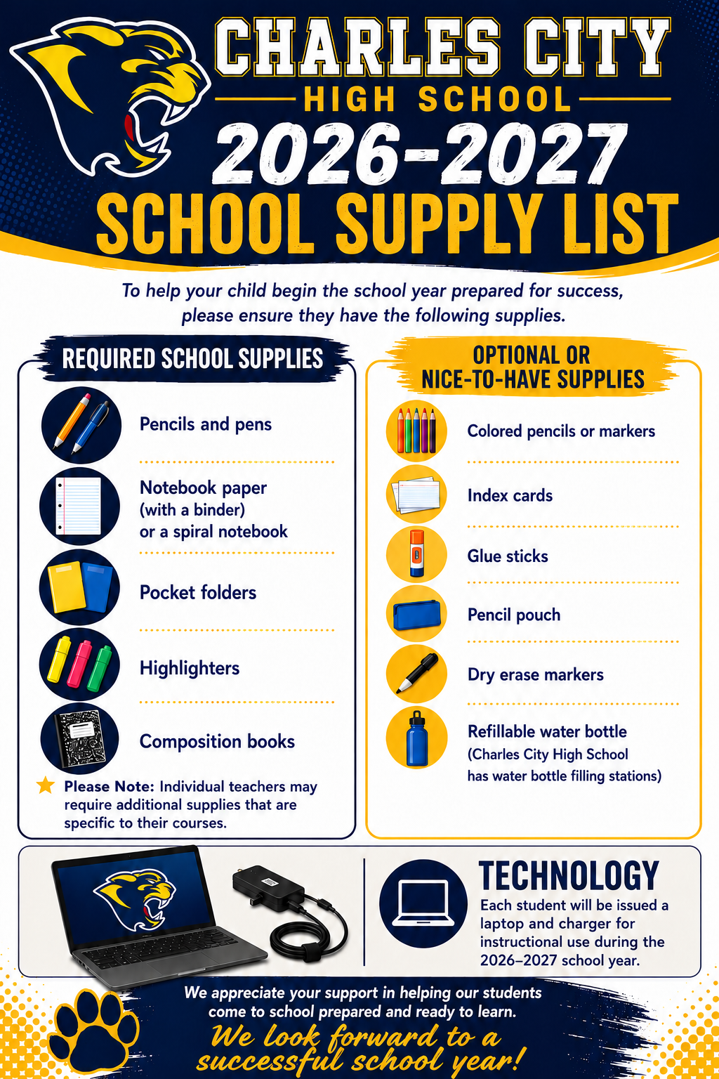 Charles City High School 2026-2027 School Supply List with required and optional items.