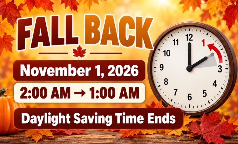 A graphic announcing the end of Daylight Saving Time on November 1, 2026, with a clock pointing from 2:00 to 1:00, surrounded by fall leaves and a pumpkin.