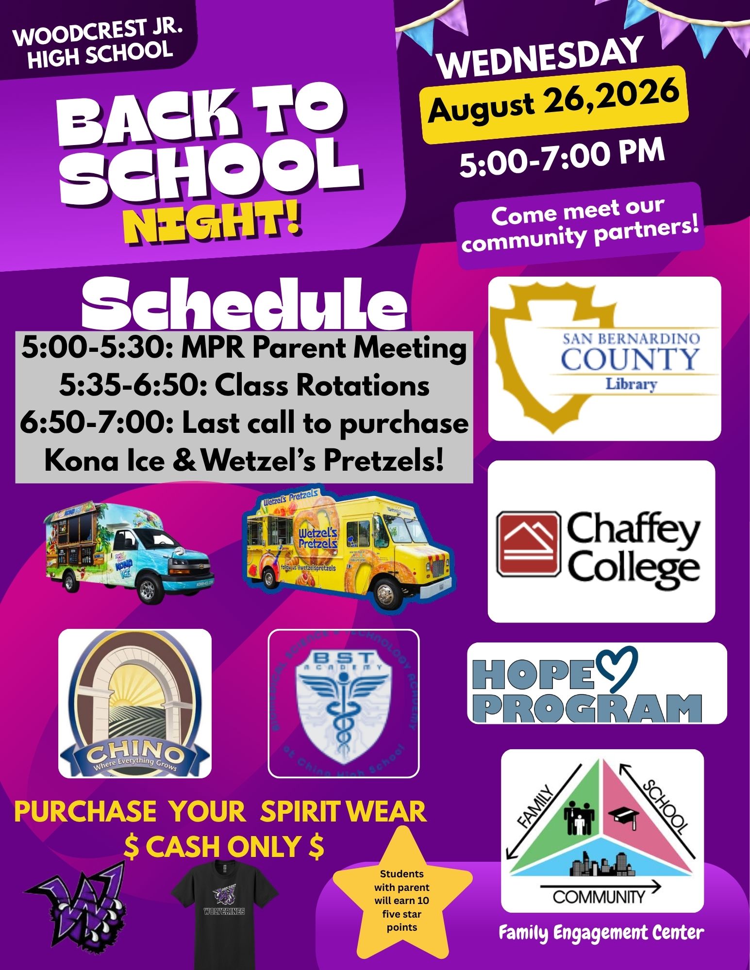 Back to School Night August 26th 5pm to 7pm