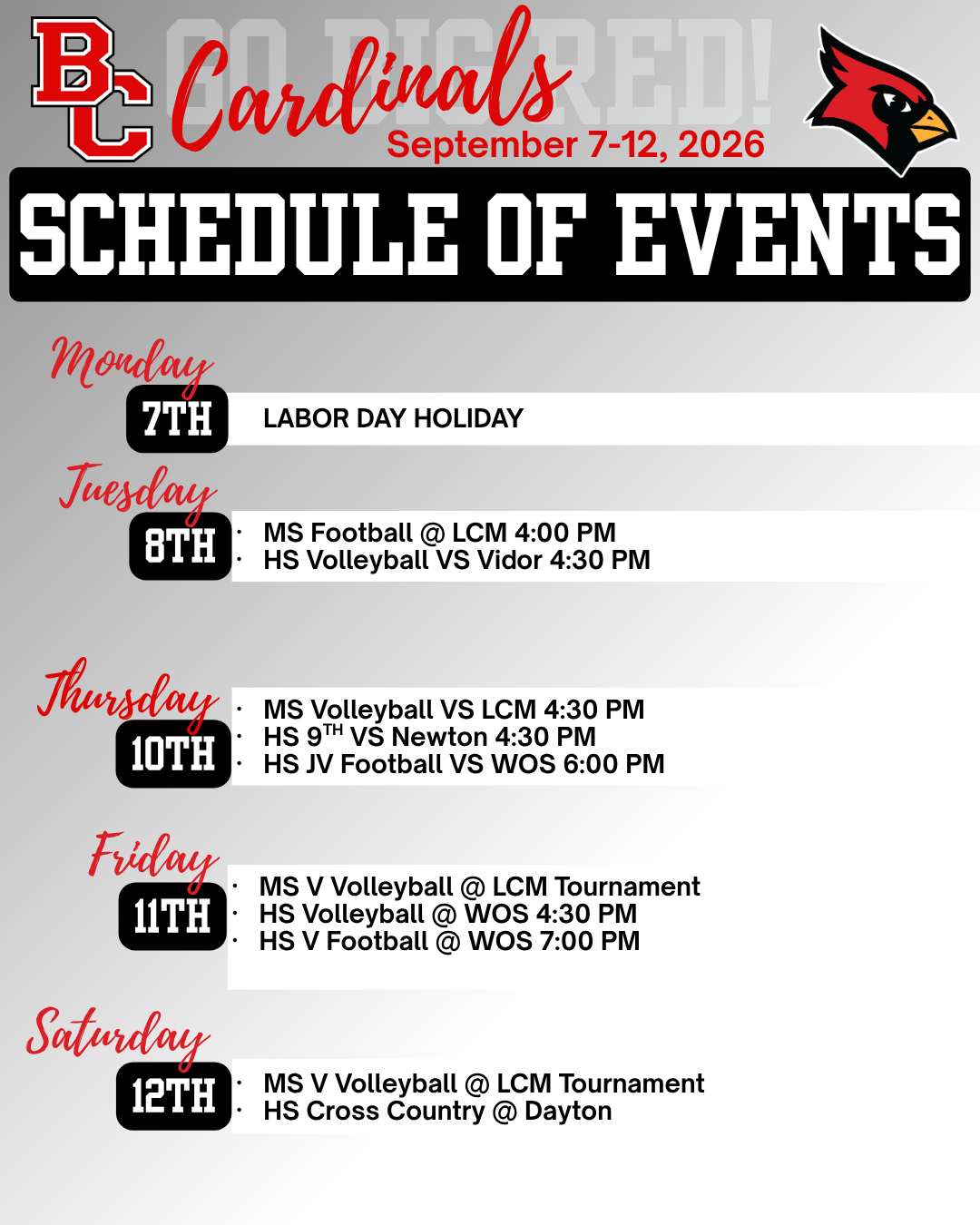 Cardinal Events week of September 7-12