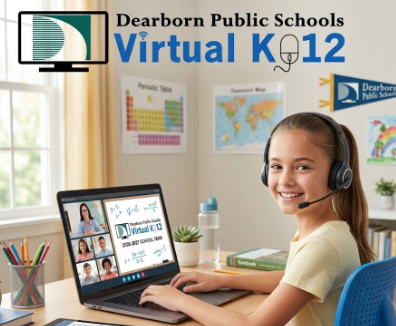 A smiling girl with headphones participates in a virtual class on her laptop.