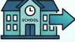 A cartoon school building with a clock and the word 'SCHOOL' above the entrance, with a large blue arrow pointing to the right.