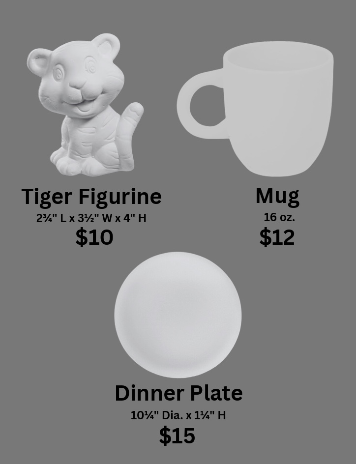 A white ceramic tiger figurine, mug, and dinner plate are displayed with their names and prices.