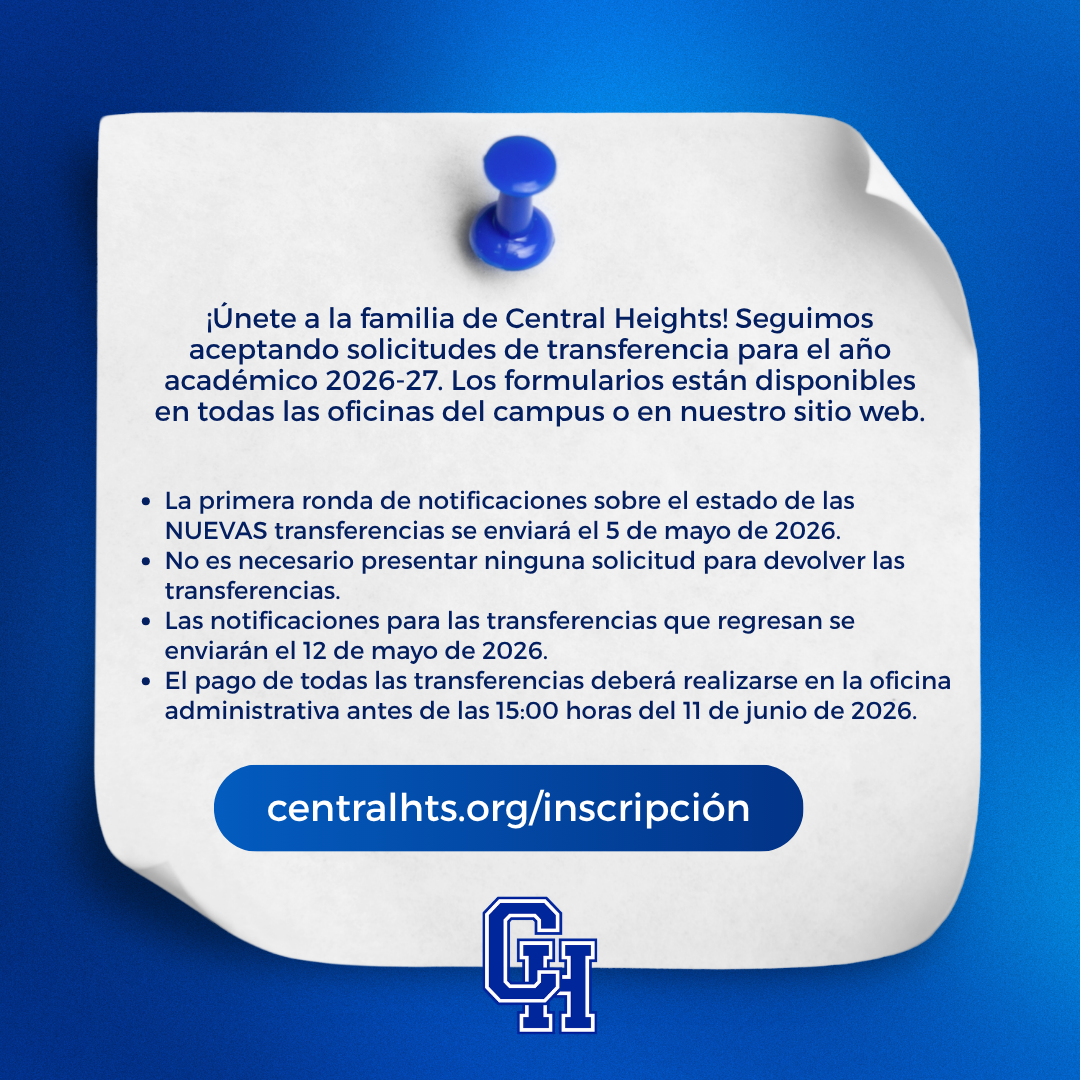 A blue pushpin secures a white paper with Spanish text about Central Heights transfer applications for 2026-27.
