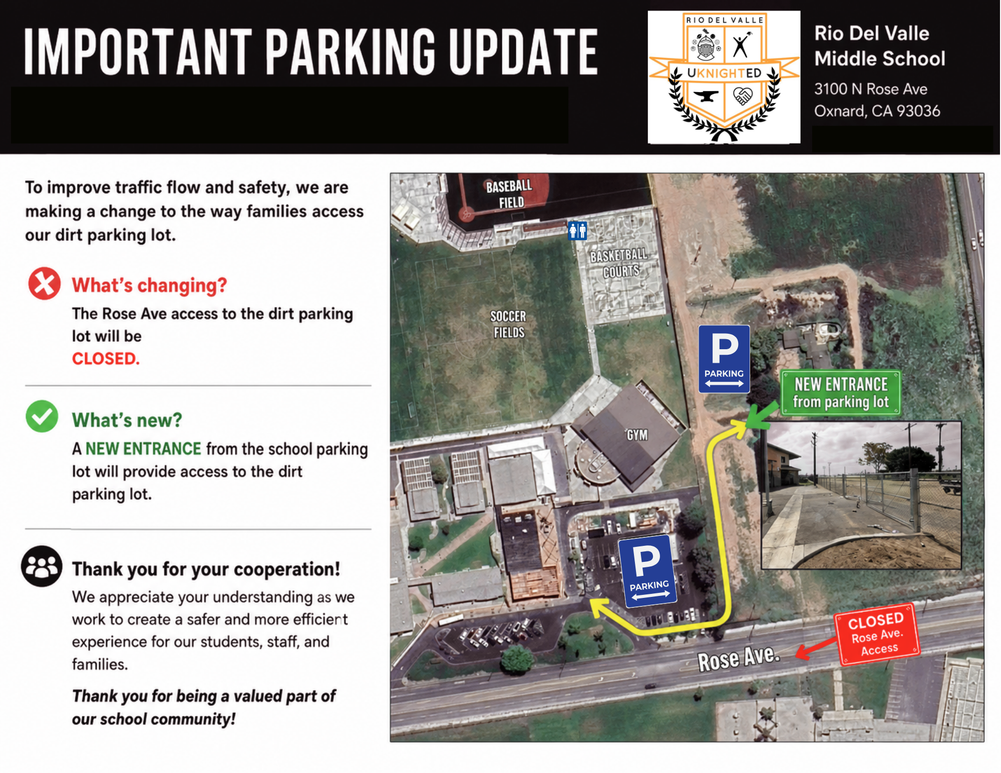 Important Parking Update at Rio Del Valle Middle School