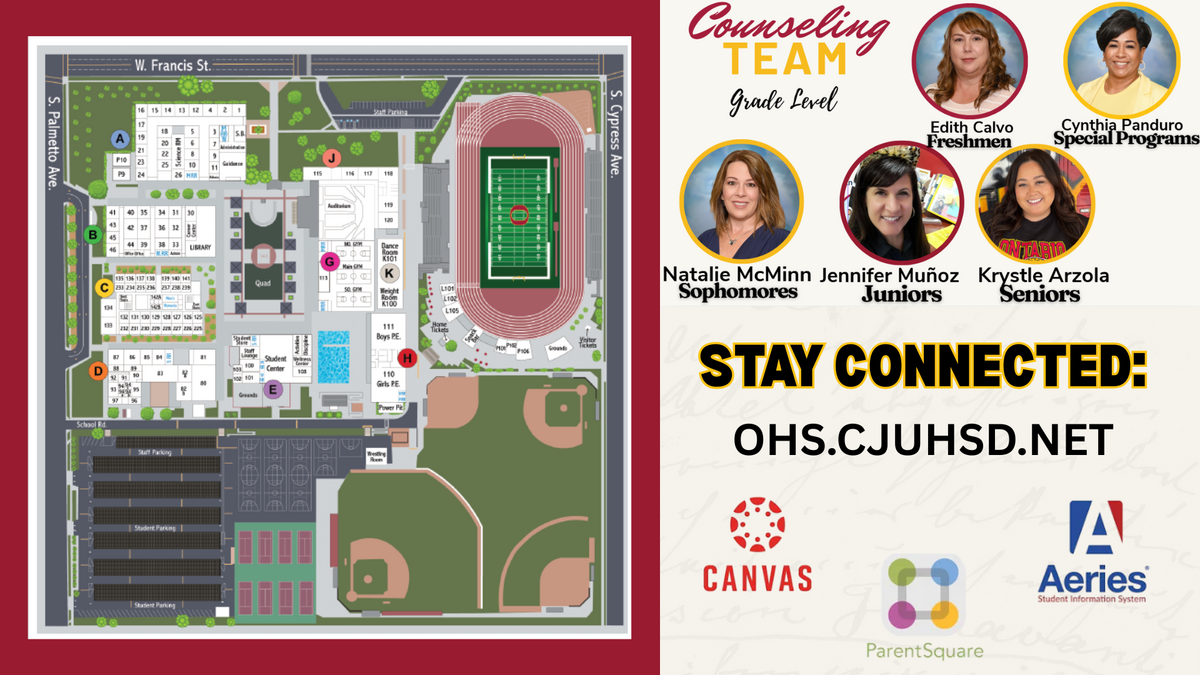 A campus map displays buildings, athletic fields, and parking lots, with street names and room numbers labeled.