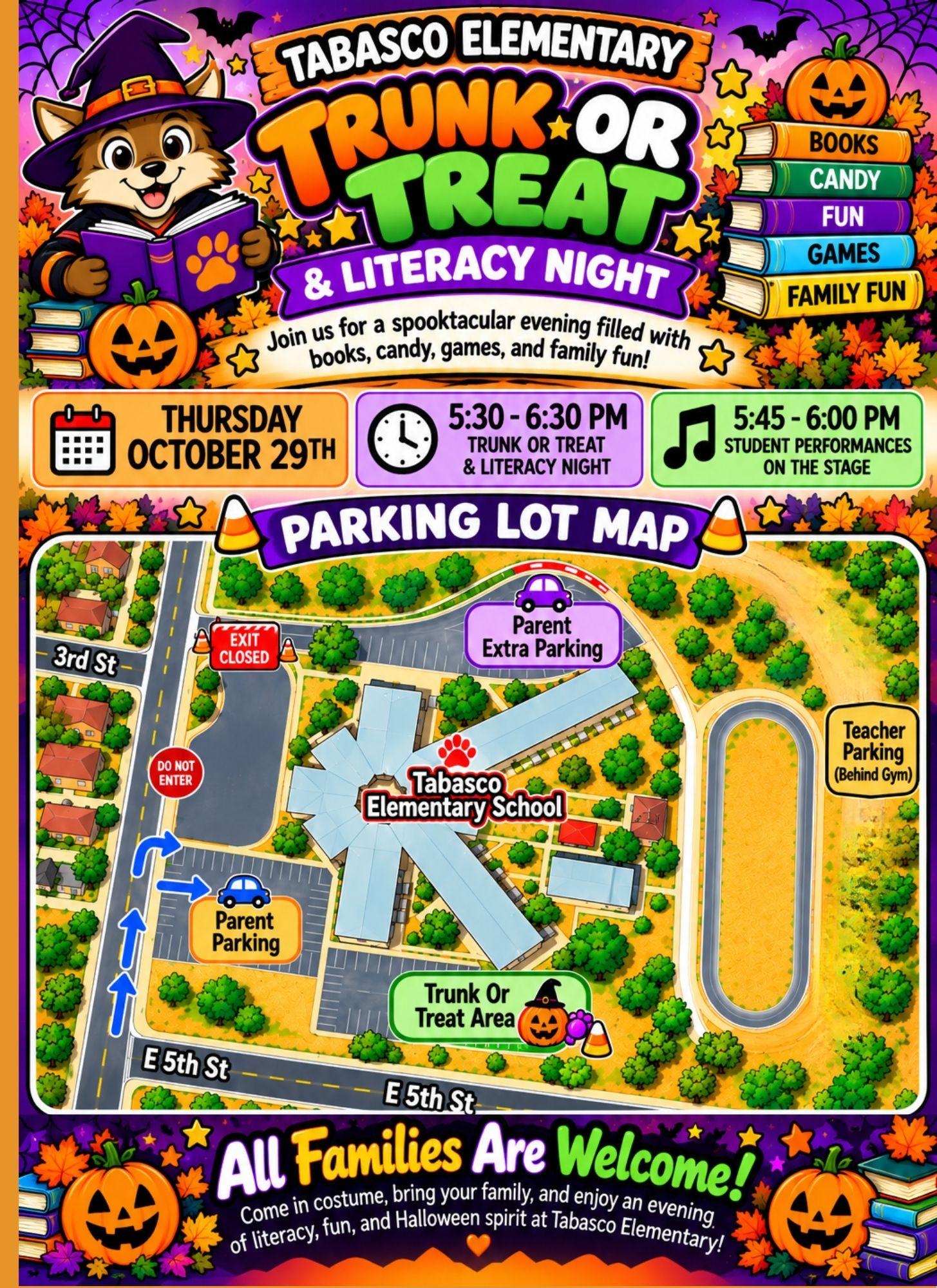 A colorful flyer for Tabasco Elementary's Trunk or Treat & Literacy Night on Thursday, October 29th.