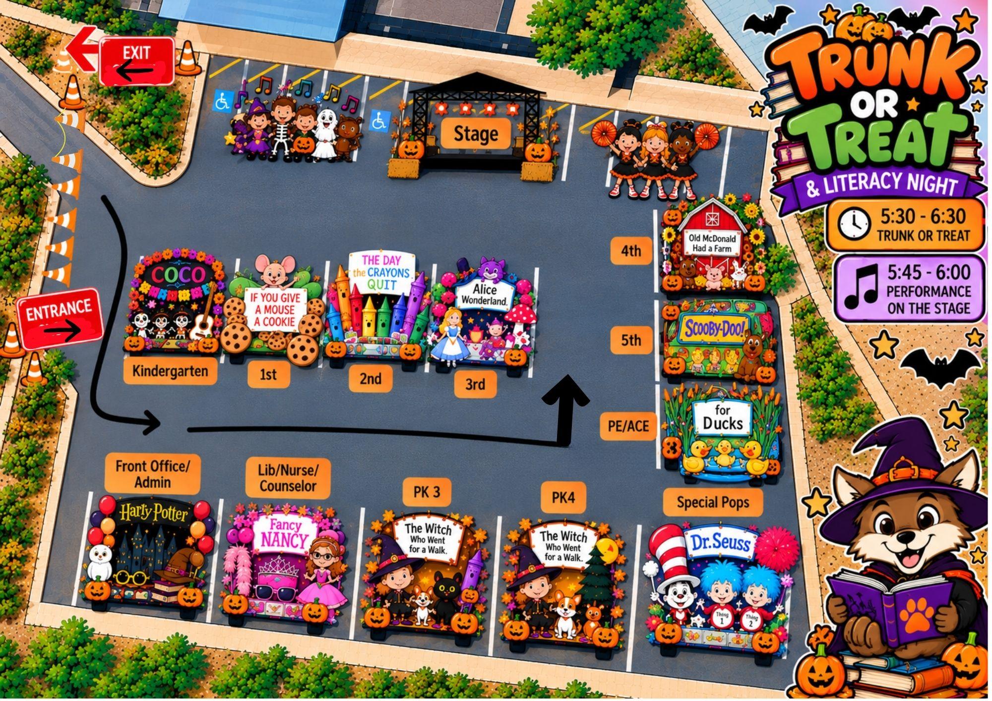 A map of a school parking lot shows decorated trunks for a Trunk or Treat and Literacy Night event.