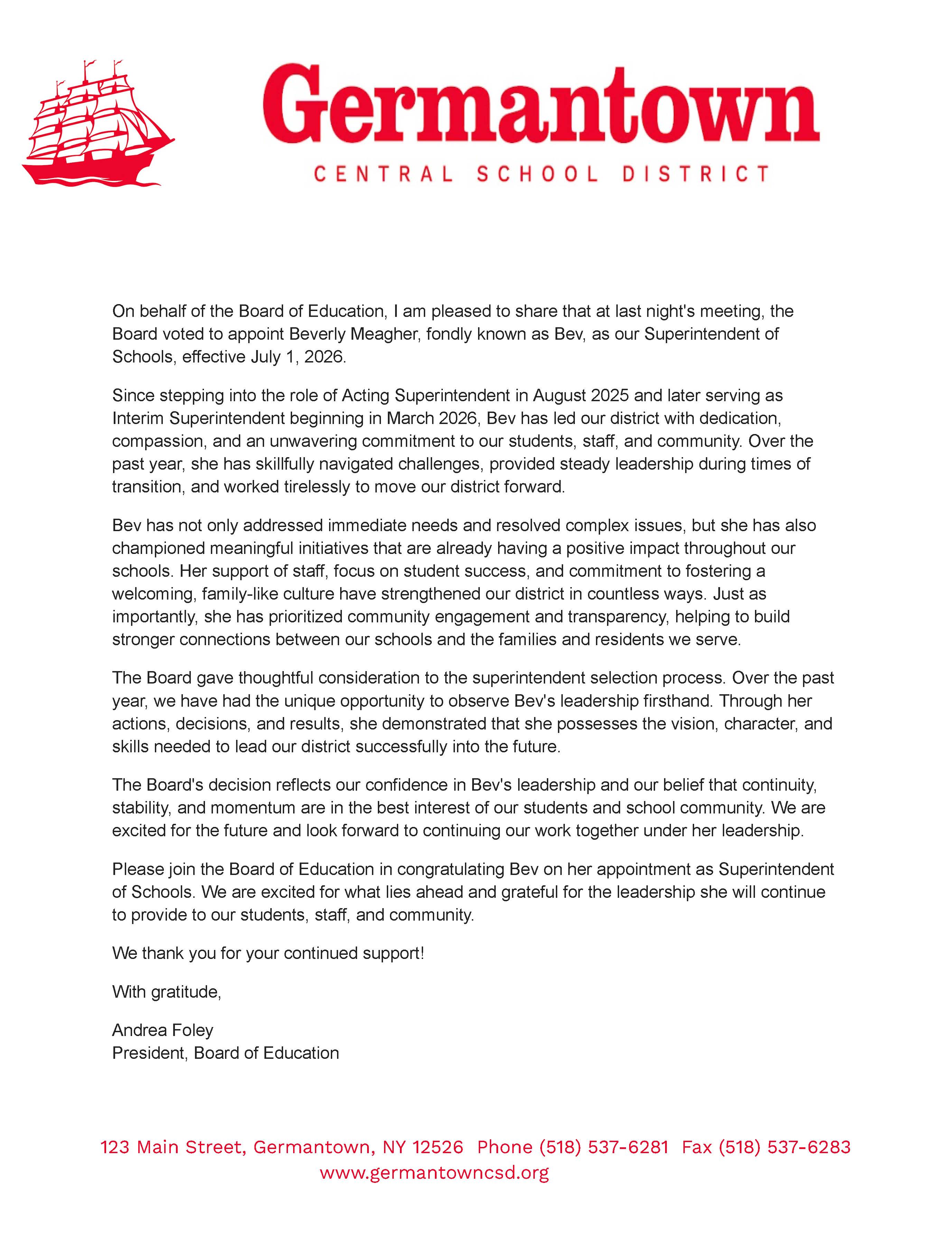 Appointed Beverly Meagher, Superintendent, BOE letter