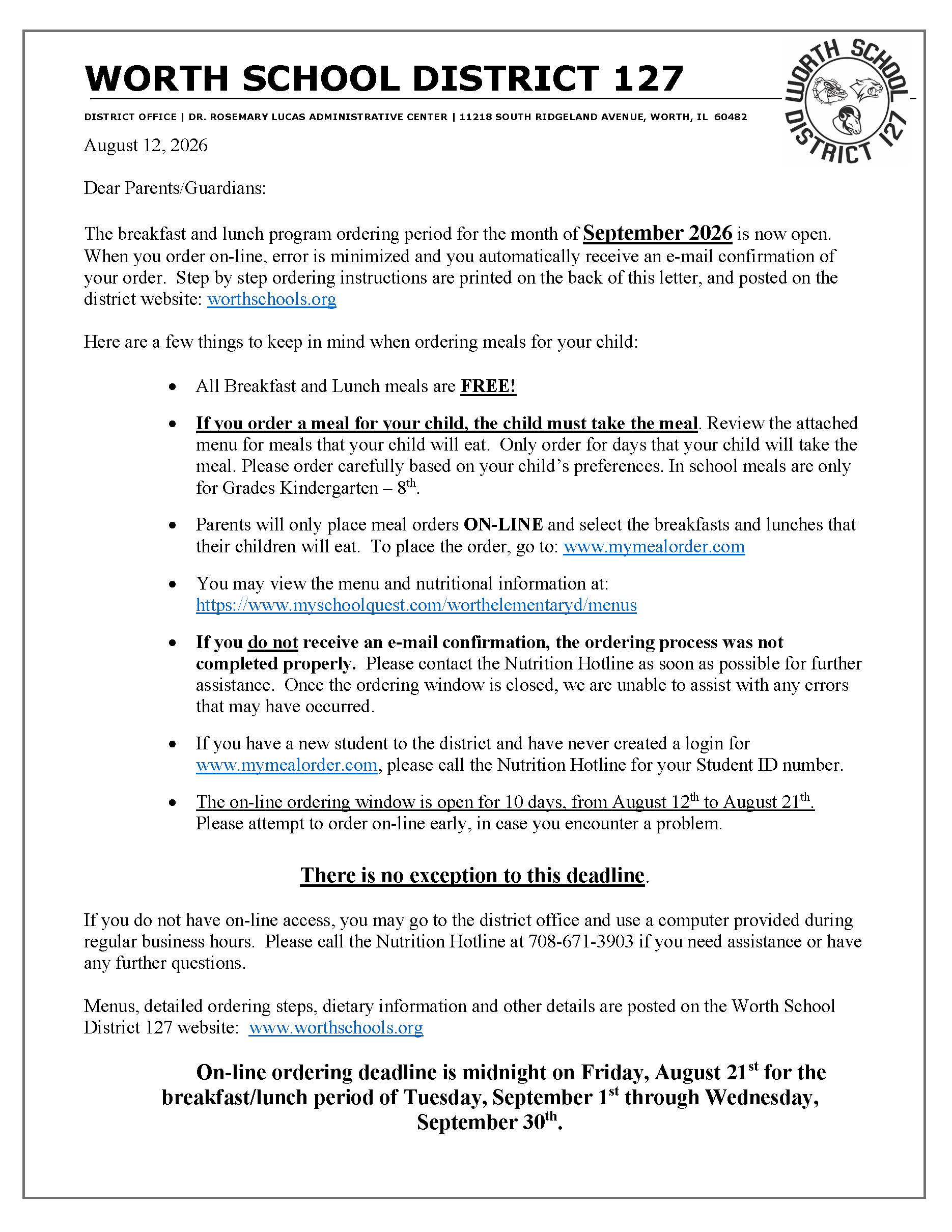 A letter from Worth School District 127 regarding the September 2026 breakfast and lunch program ordering period.