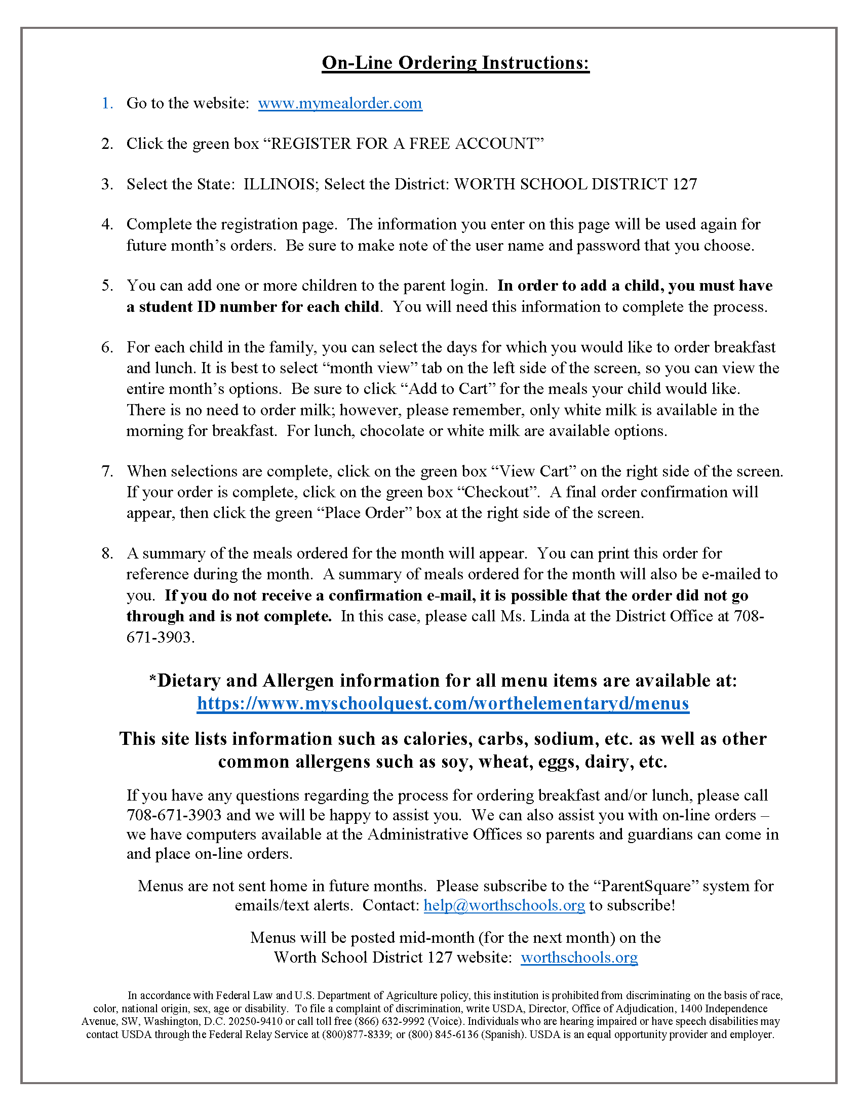 On-line ordering instructions for Worth School District 127, including website and registration steps.