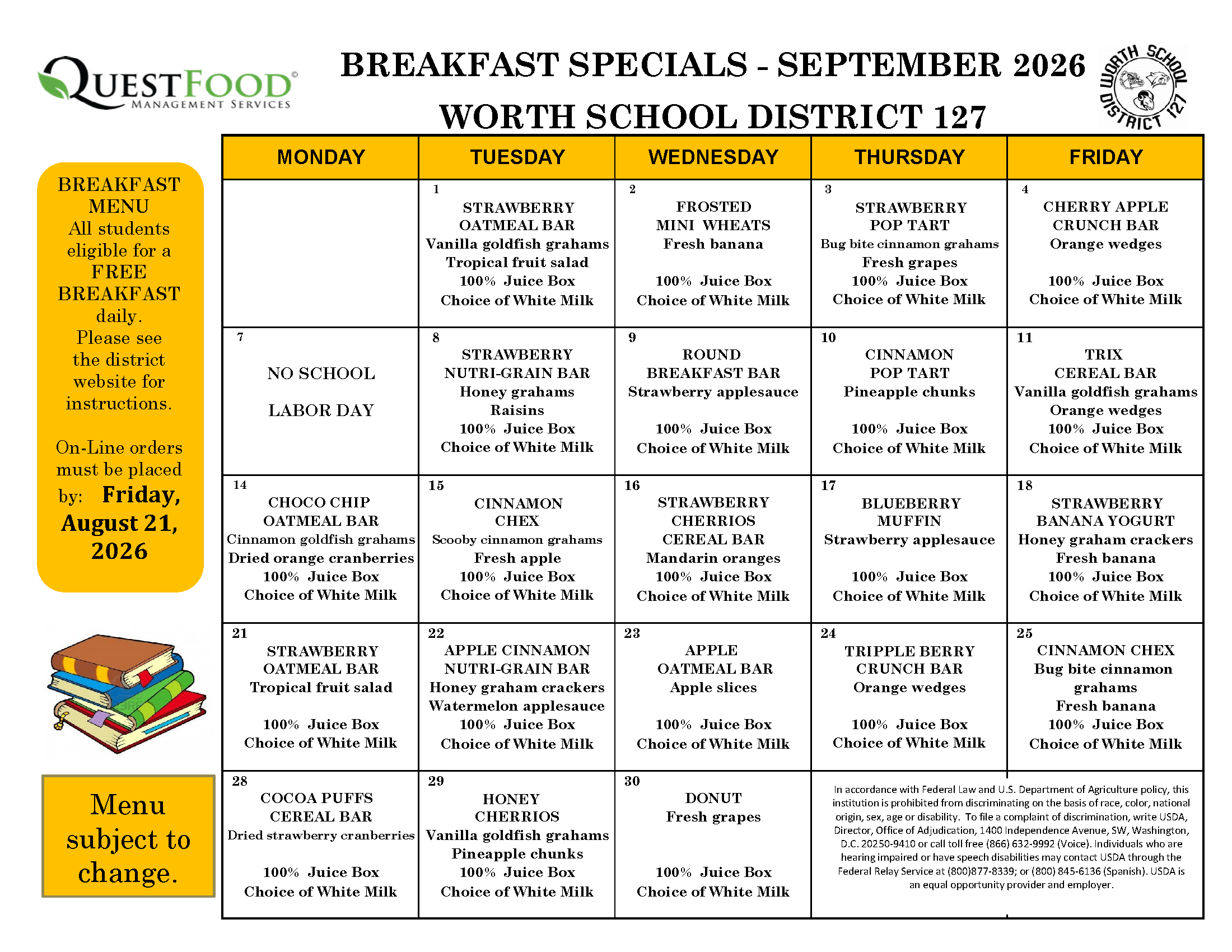 Breakfast menu for Worth School District 127 for September 2026, listing daily options.