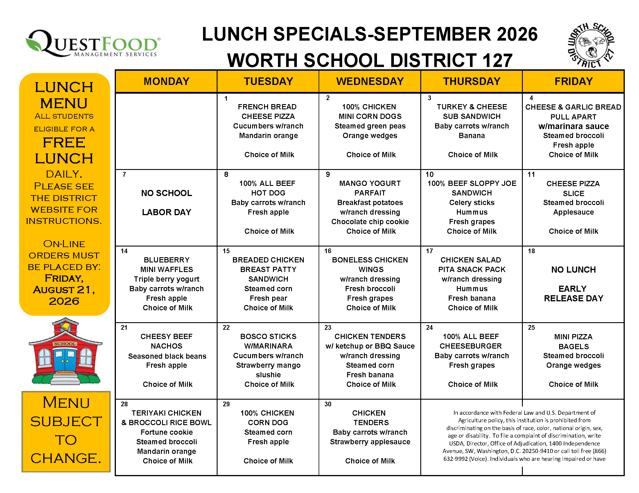September 2026 lunch menu for Worth School District 127, featuring daily meal options.