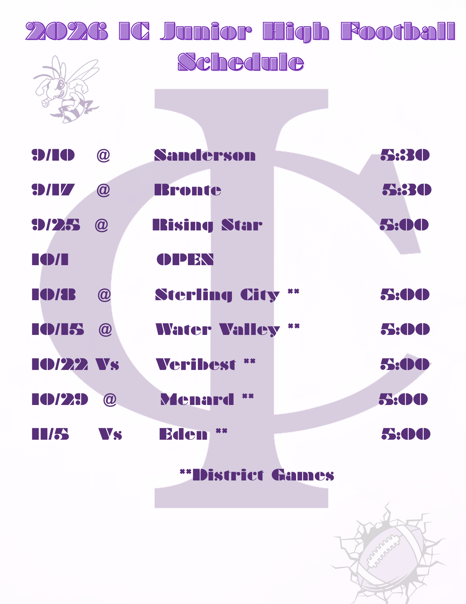 Tentative 2026 IC Junior High Football Schedule