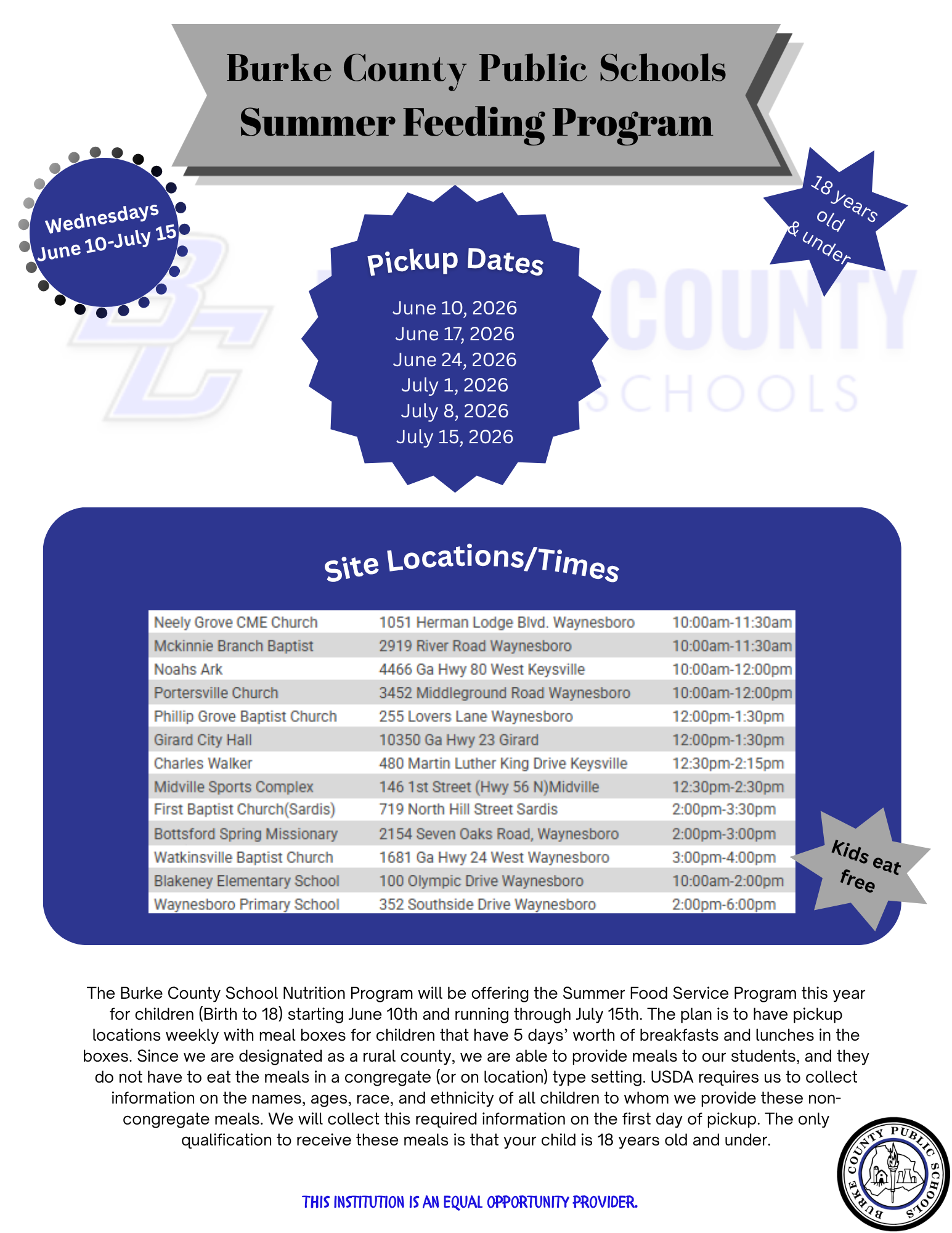 Summer Meal Box Pick-Up Dates/Times/Locations