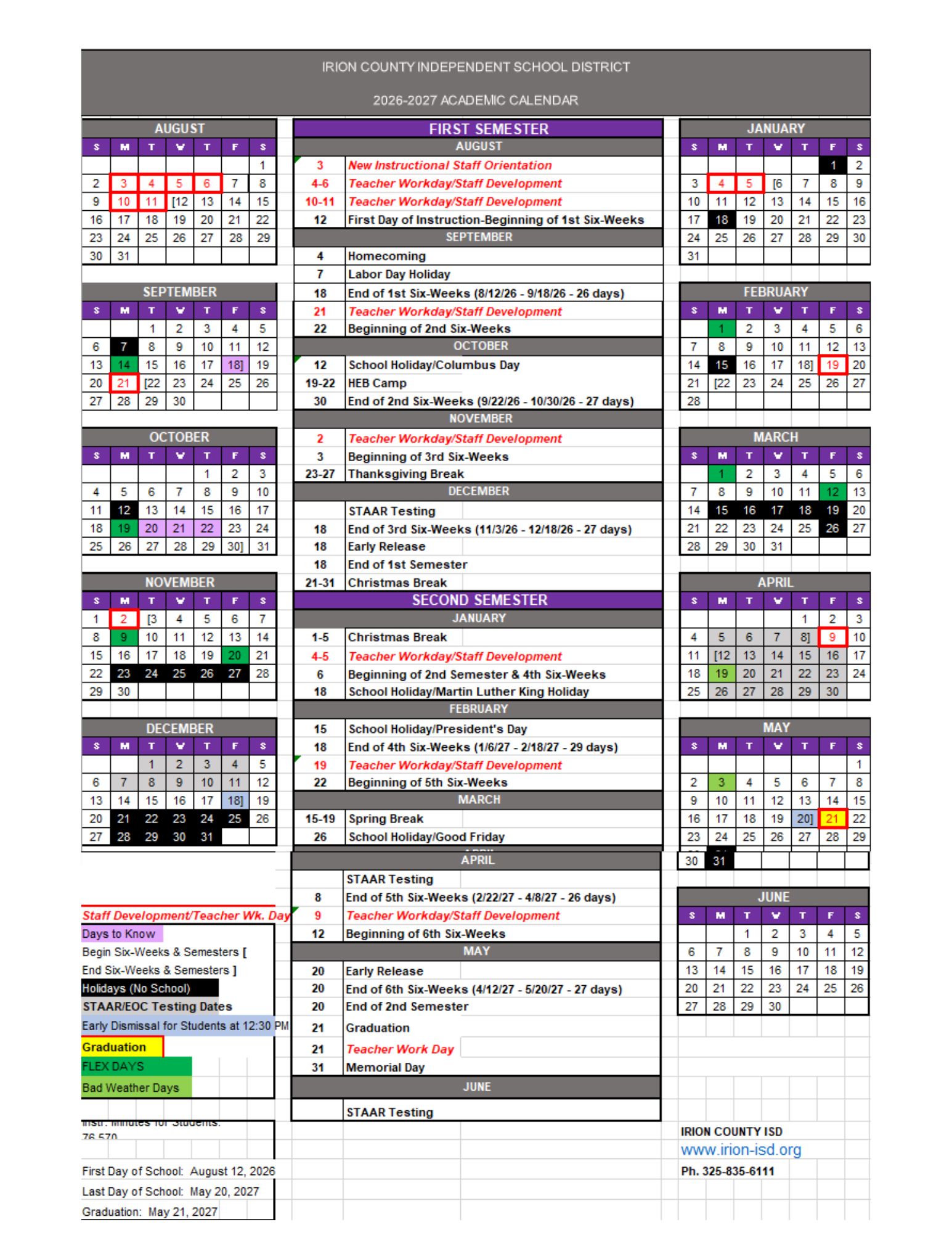 Updated District Calendar