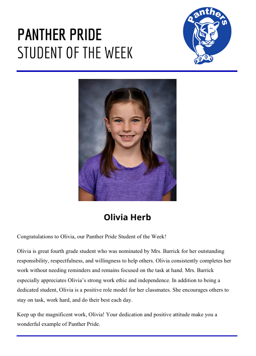 Panther Pride Elementary Student of the Week 10/12/26 - 10/16/26
