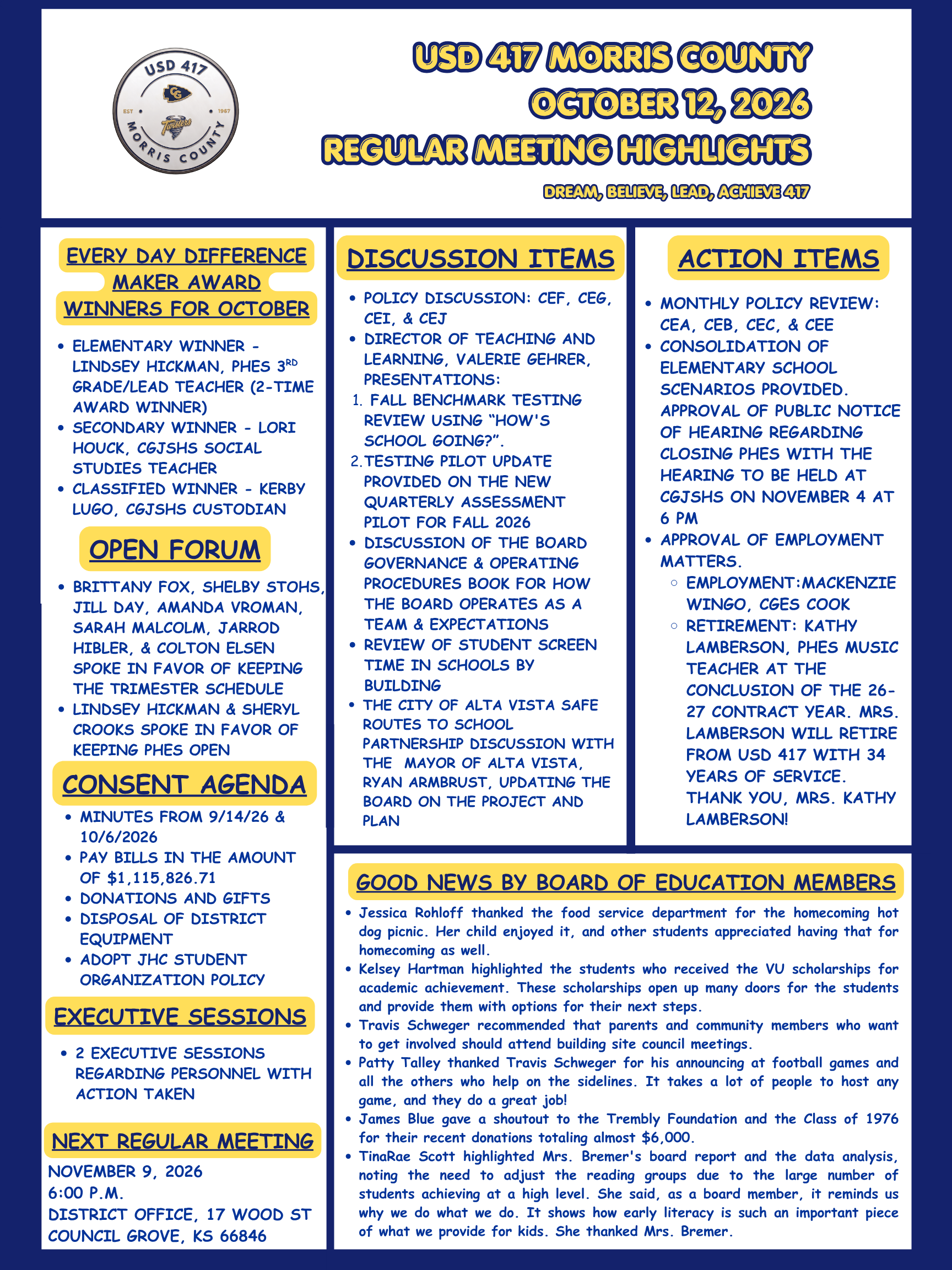 October 12 Regular BOE Meeting Highlights