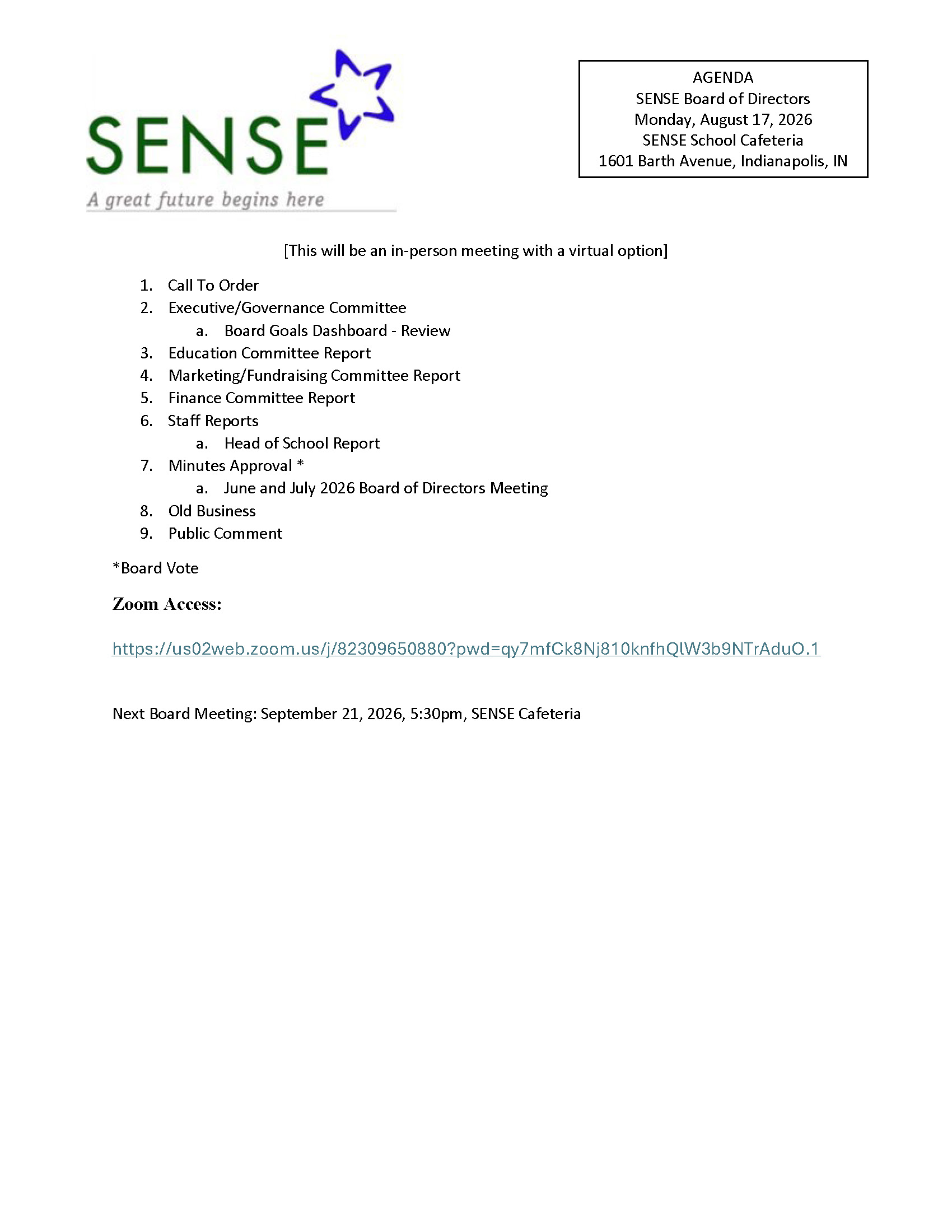 BOARD MEETING AGENDA FOR MONDAY, AUGUST 17, 2026
