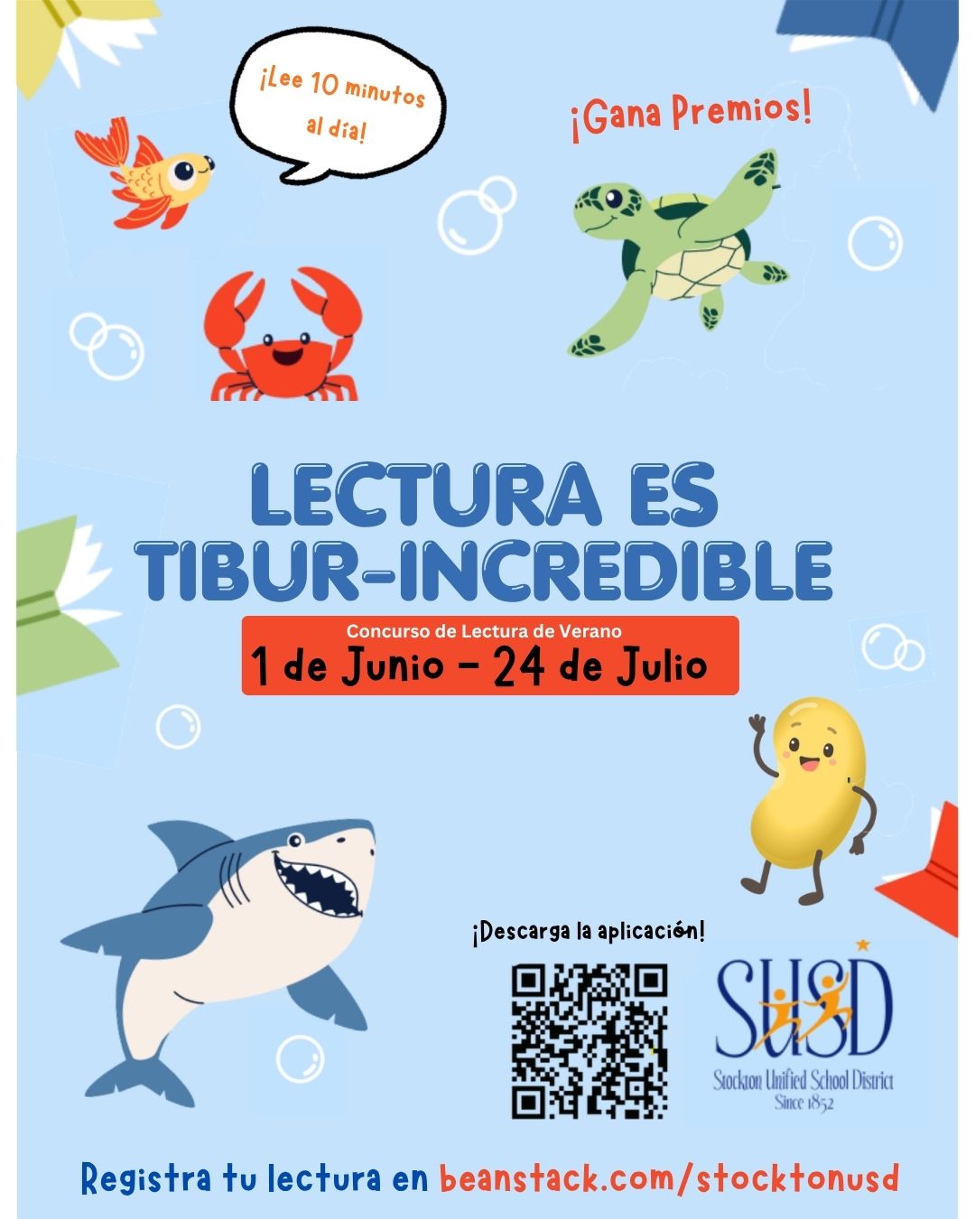 A colorful poster announces the "Tibur-Incredible" Summer Reading Contest from June 1 to July 24, featuring cartoon sea creatures.