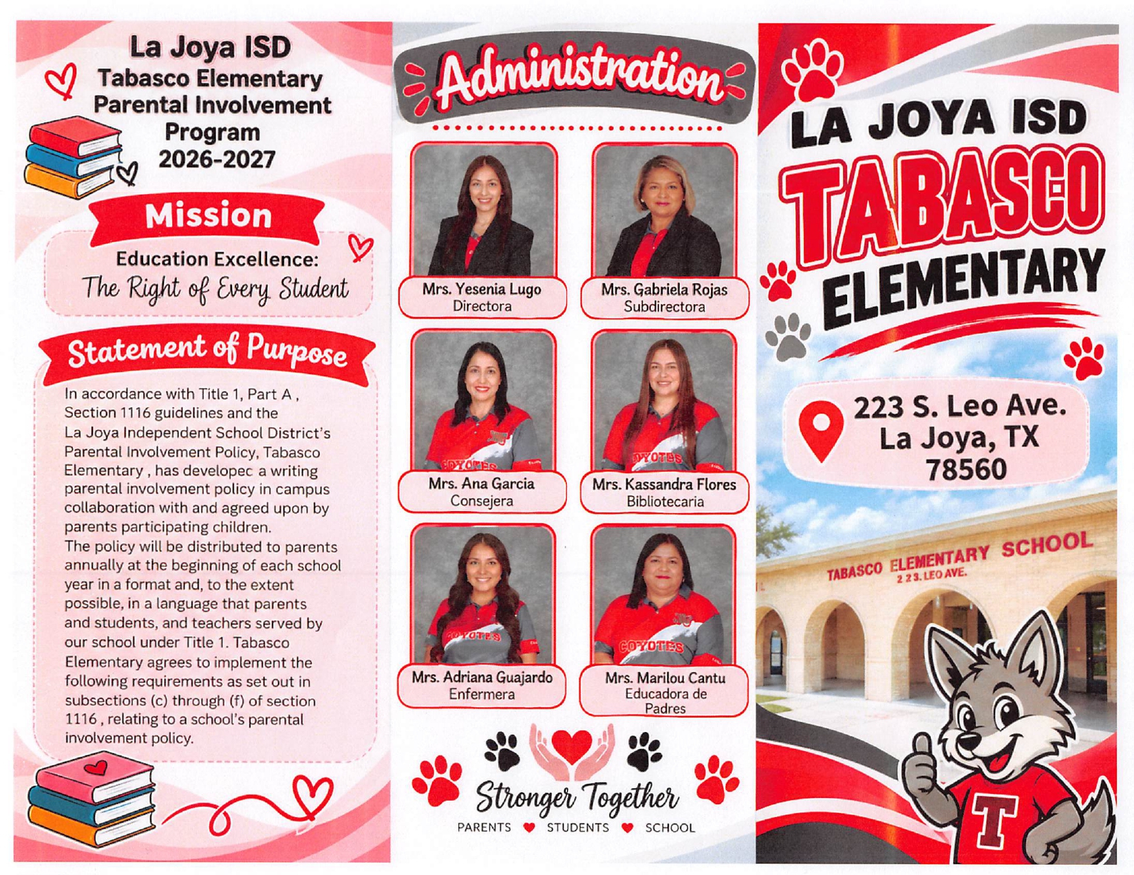 A trifold brochure for La Joya ISD Tabasco Elementary's 2026-2027 Parental Involvement Program displays school details.