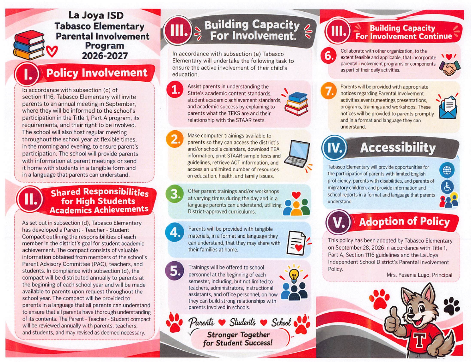 A trifold brochure for La Joya ISD Tabasco Elementary's Parental Involvement Program outlines school policies for 2026-2027.