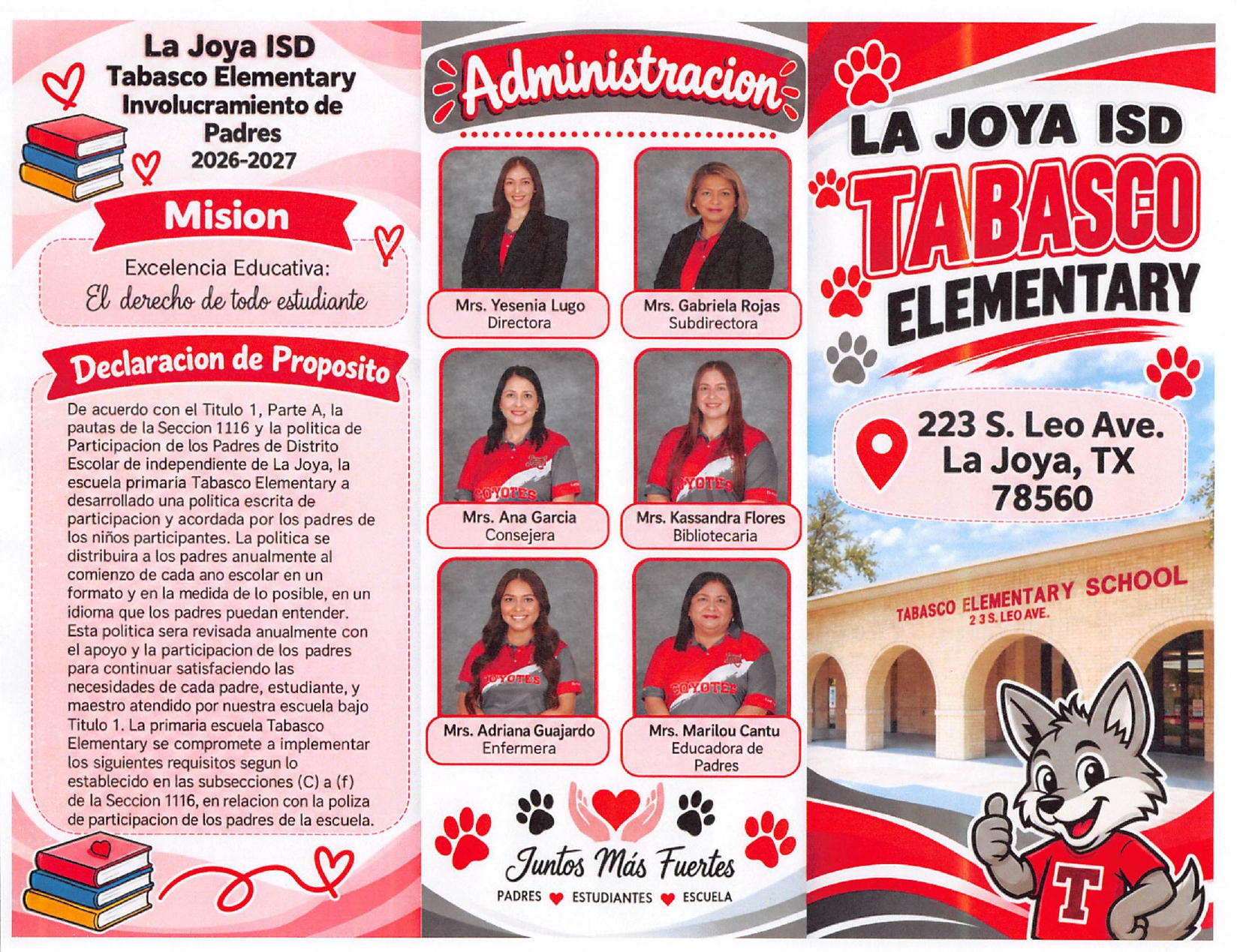A trifold brochure for La Joya ISD Tabasco Elementary school featuring staff portraits, mission statement, and address.