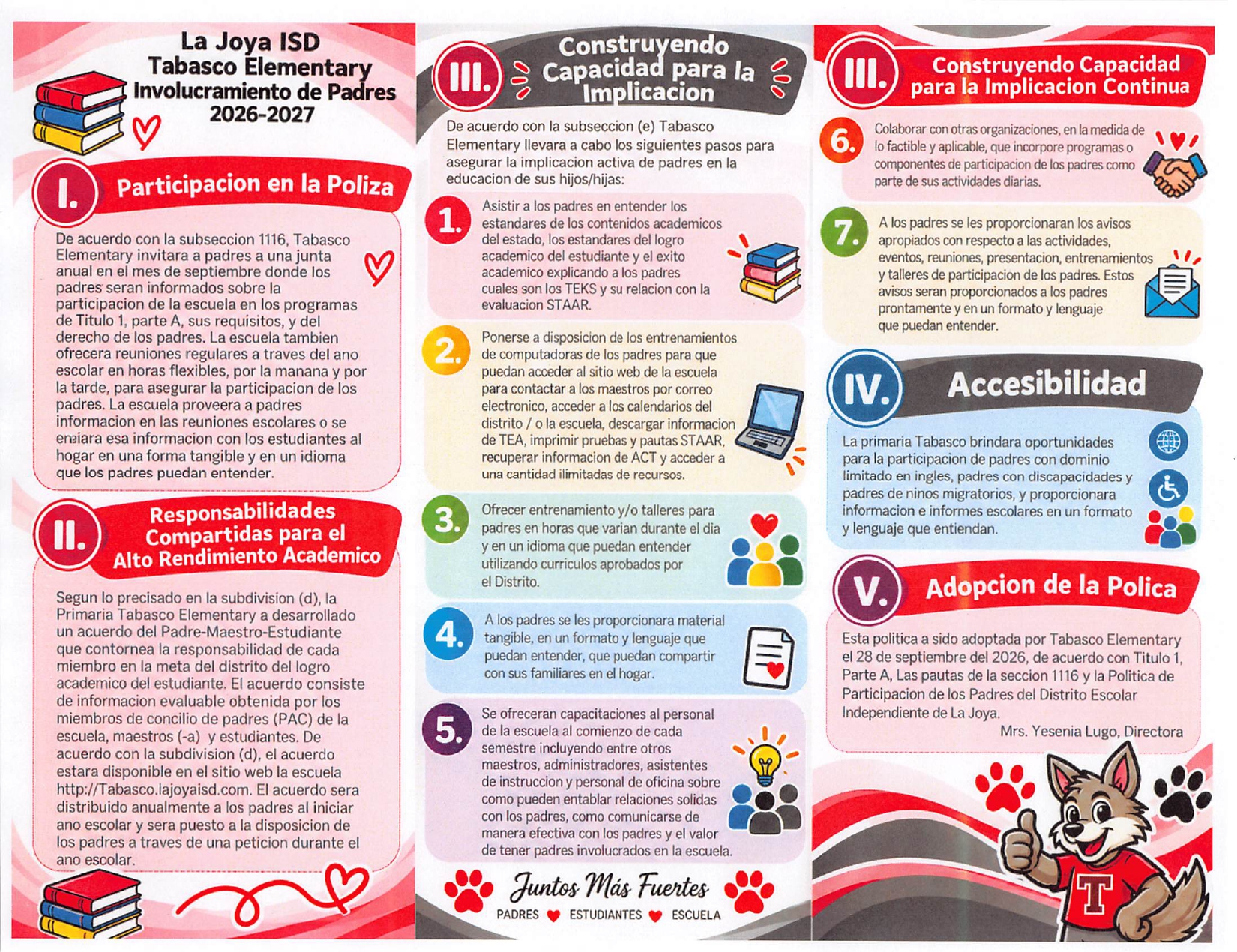 A trifold brochure in Spanish for Tabasco Elementary School outlining its 2026-2027 parent involvement policy.