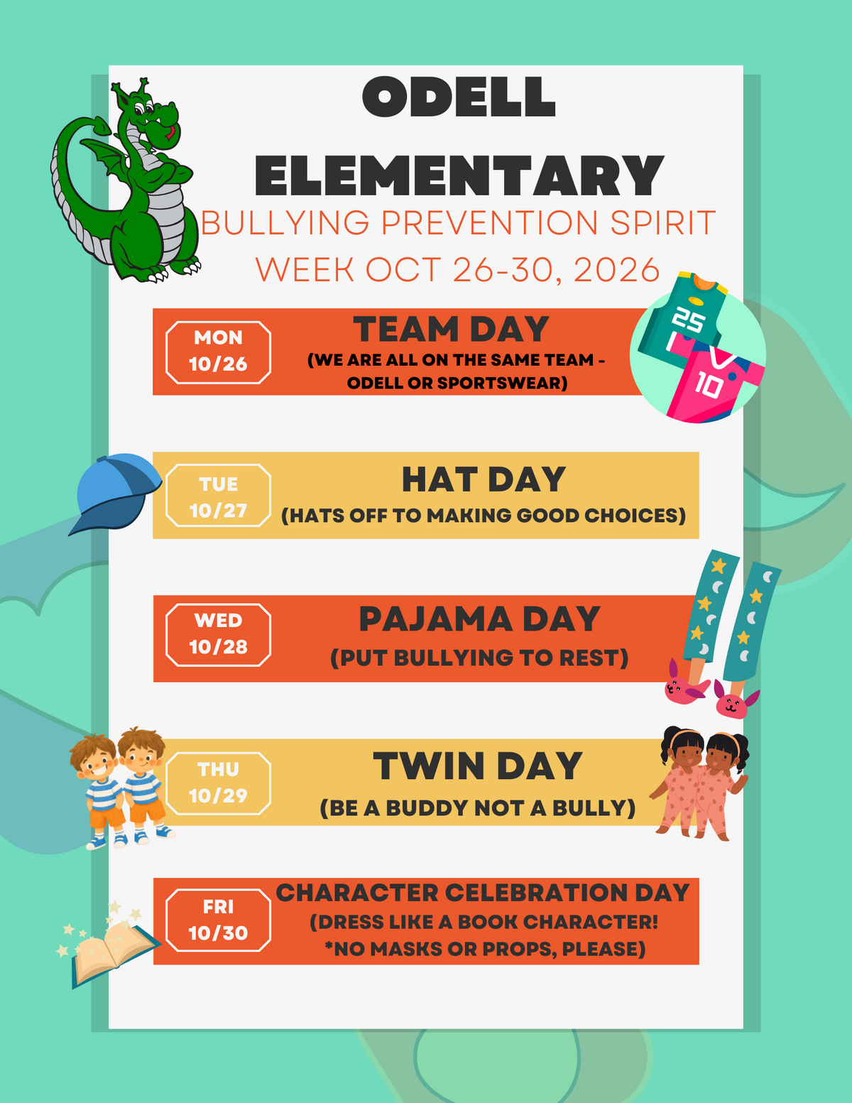 A colorful flyer for Odell Elementary Bullying Prevention Spirit Week, running from October 26-30, 2026.
