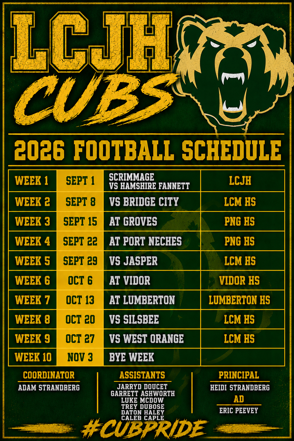 LCJH Cubs 2026 Football Schedule