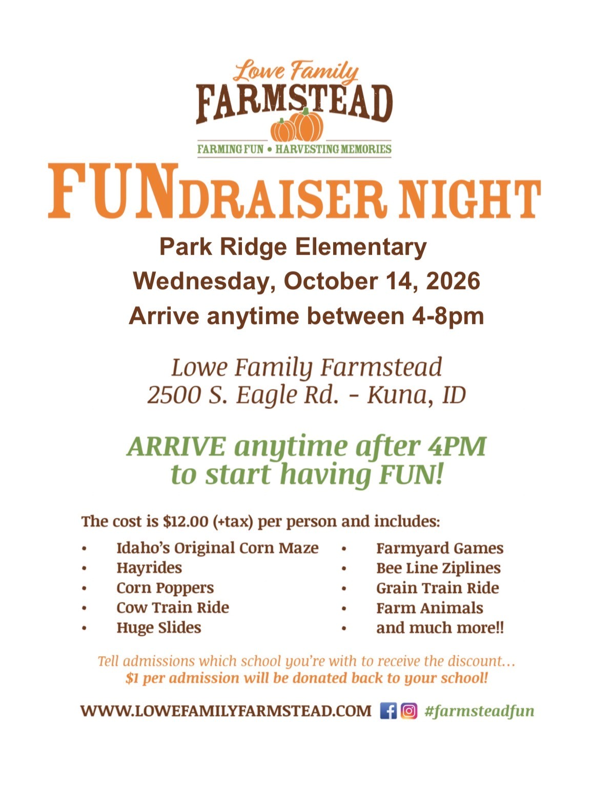 A promotional flyer for a fundraiser night at Lowe Family Farmstead for Park Ridge Elementary on October 14, 2026.