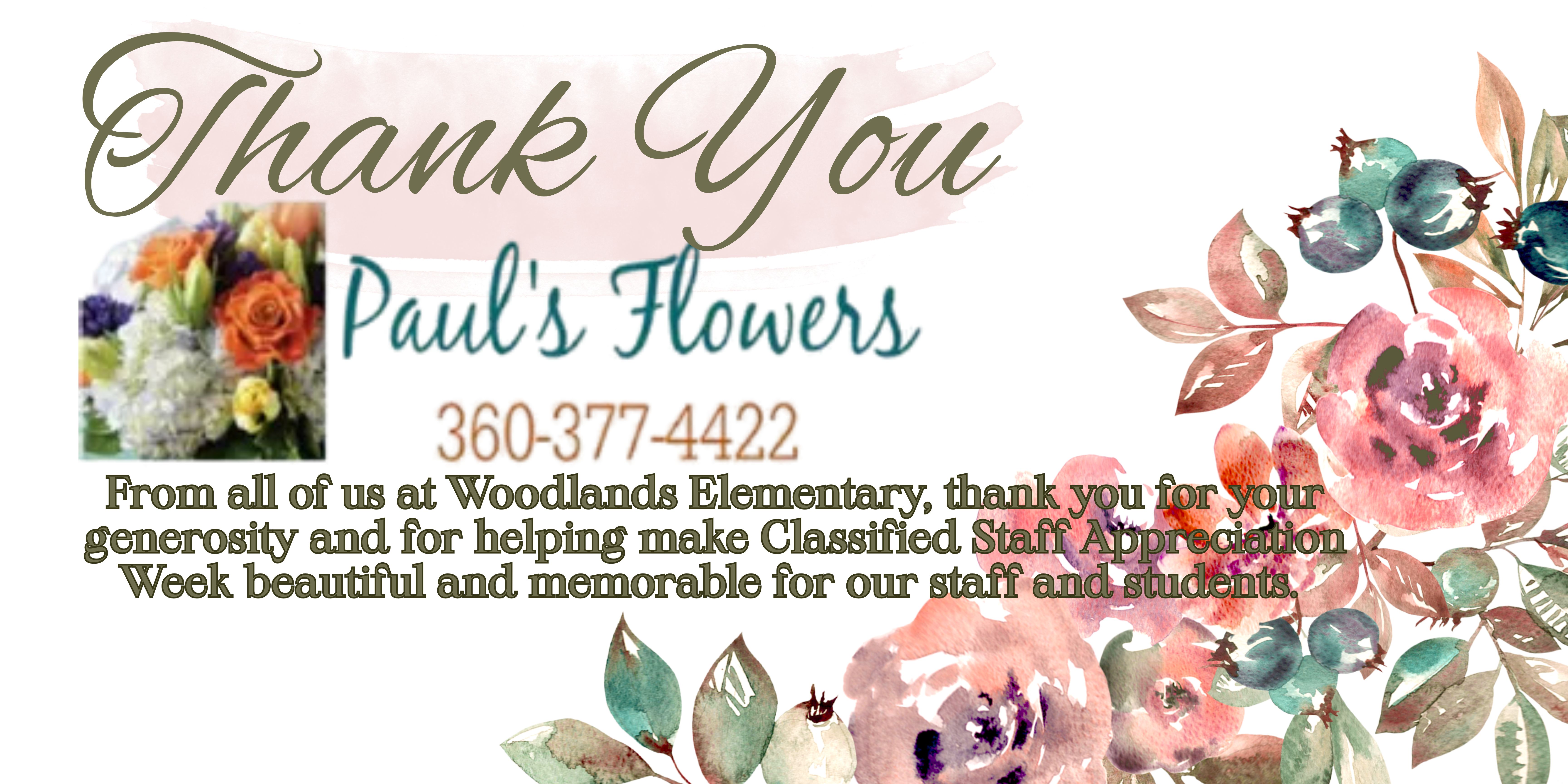A floral graphic with the text 'Thank You Paul's Flowers' and contact information.