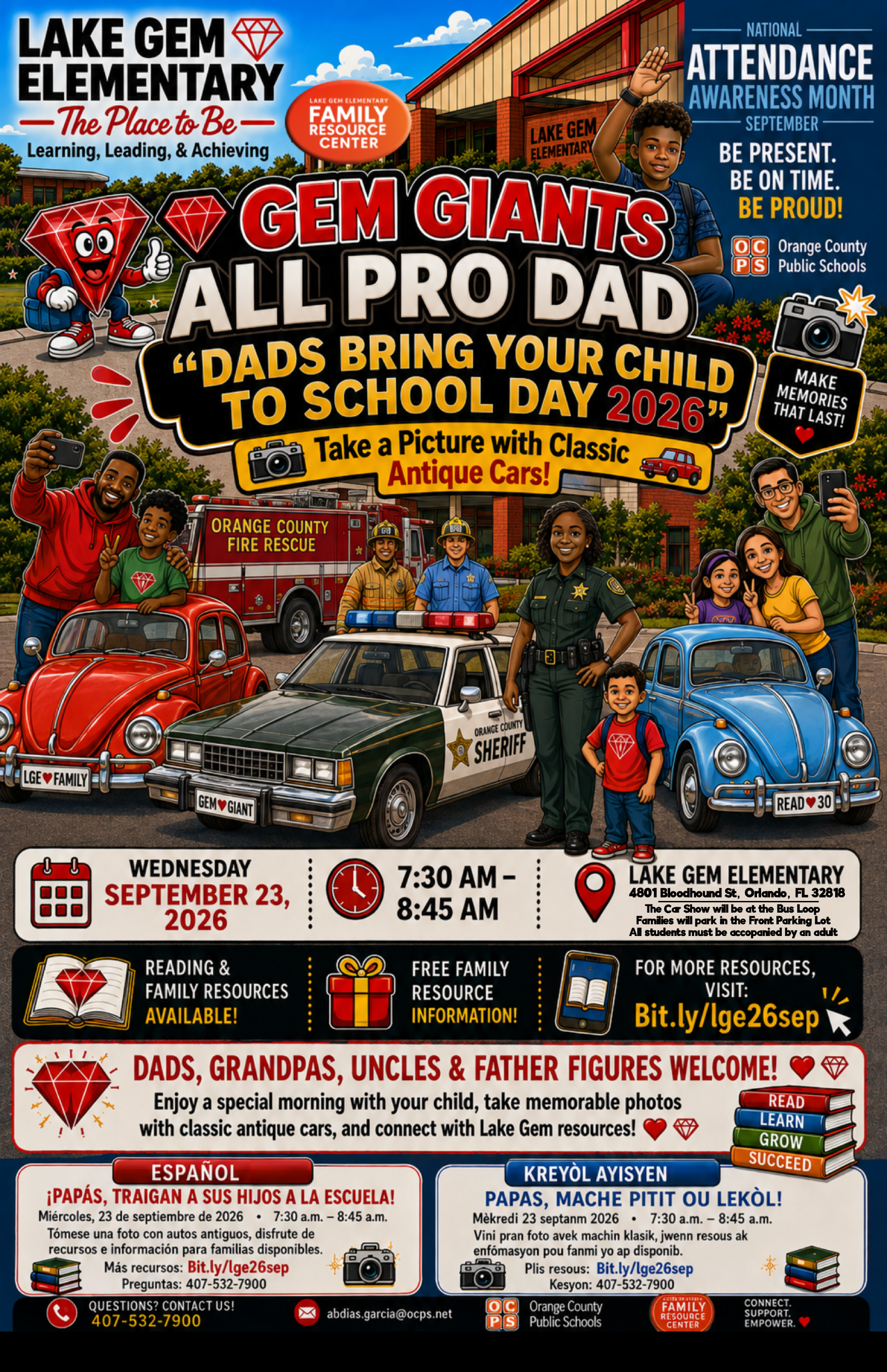 LGE All Pro Dad "Dads Bring Your Child to School" Day Family Celebration on Wednesday, September 23, 2026, from 7:30 AM to 8:45 AM. All LGE Families are Invited!