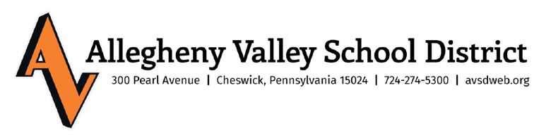 The logo for the Allegheny Valley School District featuring an orange 'AV' monogram and the address, phone number, and website.