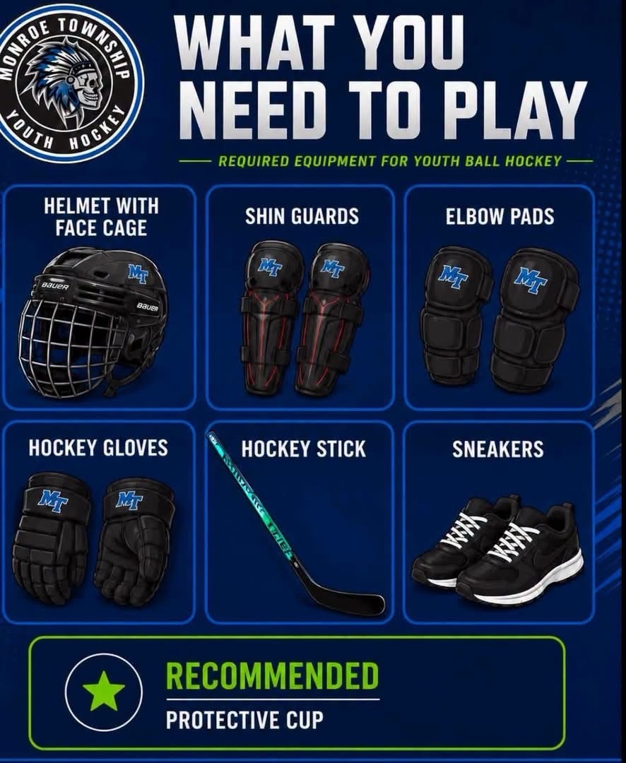 An informational graphic titled "What You Need to Play" shows required equipment for youth ball hockey.
