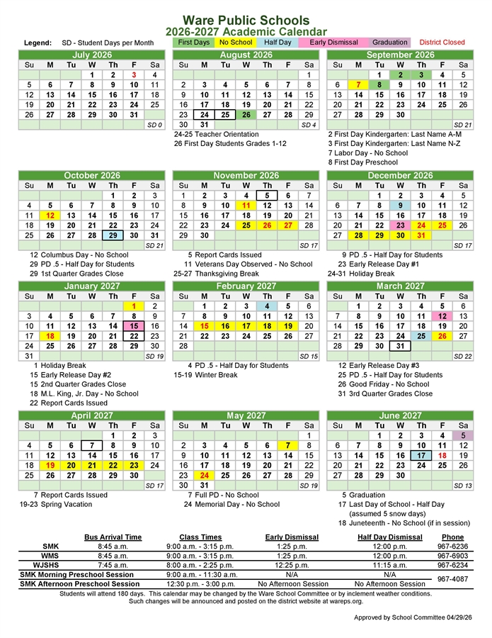 Academic Calendar for 2026-2027