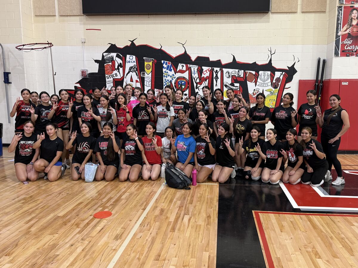 A large group of young women in athletic wear pose for a photo in a gymnasium, with a colorful mural on the wall behind them.