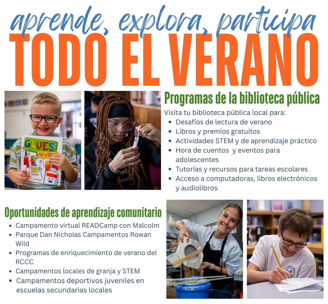 A poster announces "Learn, Explore, Participate ALL SUMMER" with images of children engaged in activities.