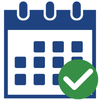 A blue and white calendar icon with a green checkmark in the bottom right corner.