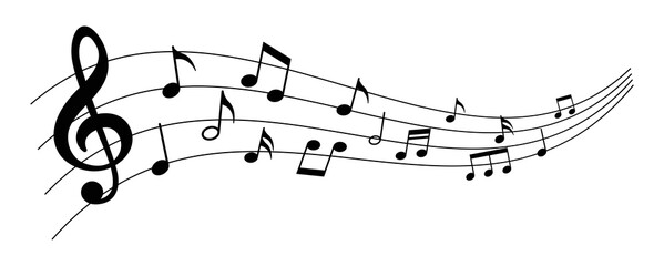 A treble clef and musical notes flow across a staff line.