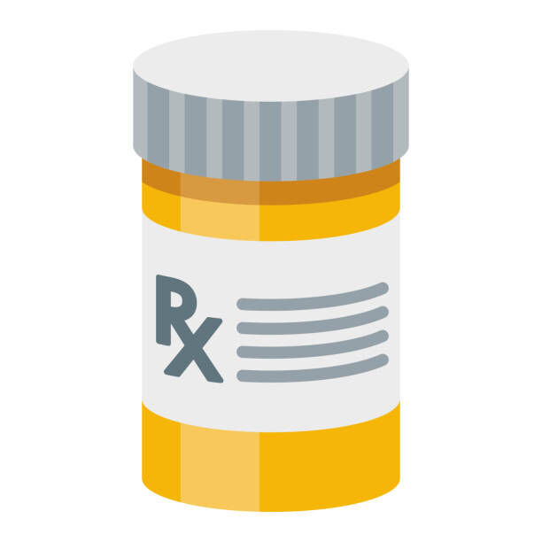 A white and orange prescription pill bottle with a gray ribbed cap.