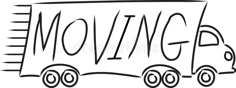 A simple line drawing of a moving truck with the word 'MOVING' written on its side.