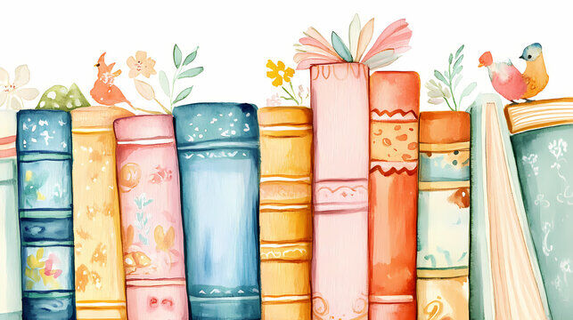 A row of colorful watercolor books with floral and bird embellishments.